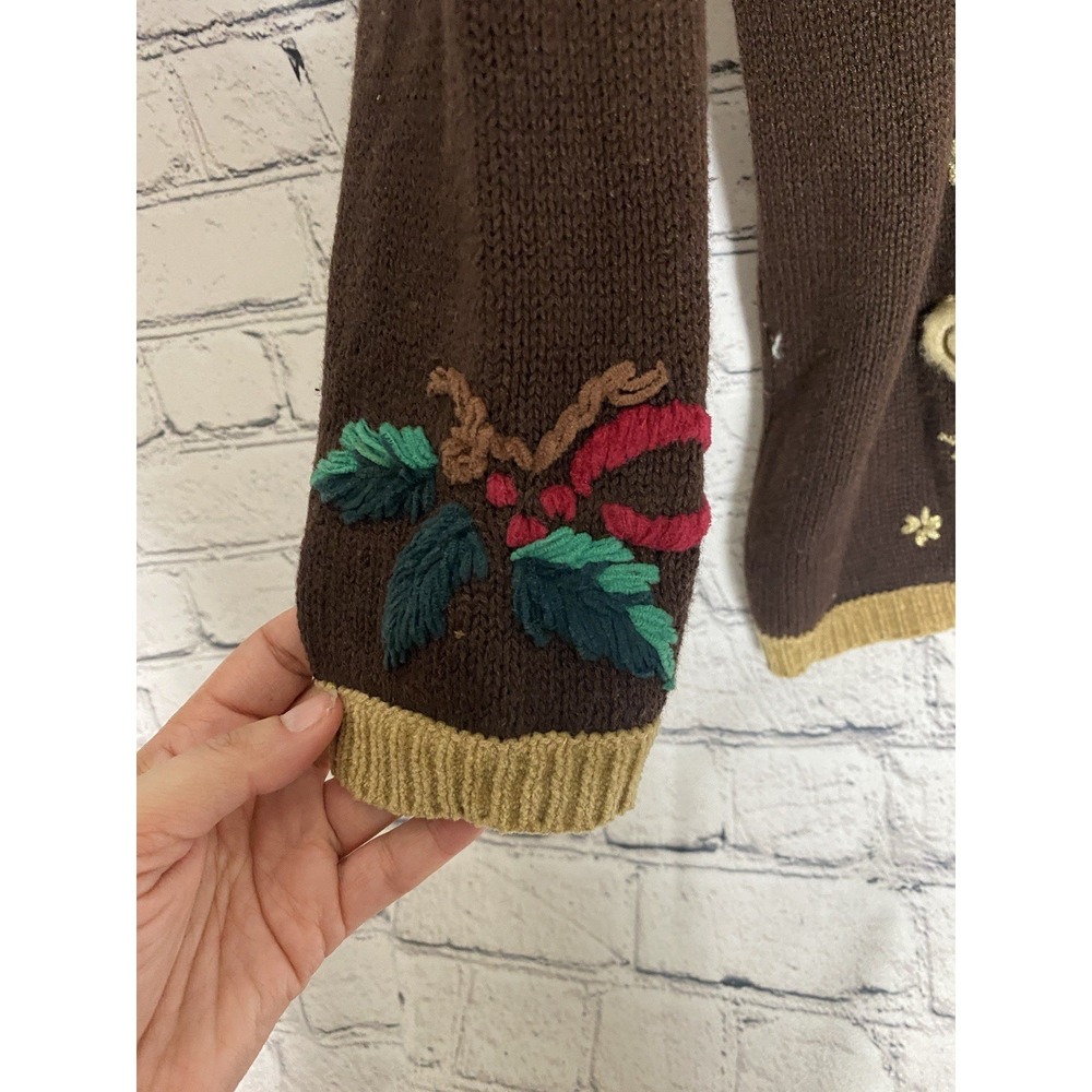 Vtg Nutcracker Brown Embroidered Ugly Christmas Tree Bear Sweater Women's LARGE - Picture 8 of 12